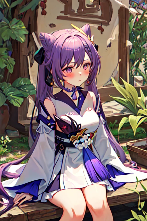 最OK质量, masterpiece, high resolution, Solitary, {White Kimono:1.35}, {also red:1.35}, {Wide sleeves:1.20}, {Keqing_Genshin Impact:1.15}, long_hair, purple_hair, purple_Eye, hair_OK, cone_hair_OK, Double tail, Bangs, double_OK, breast, hair_Decorations, blush, Weaving, Moderate_breast, closure_Mouth