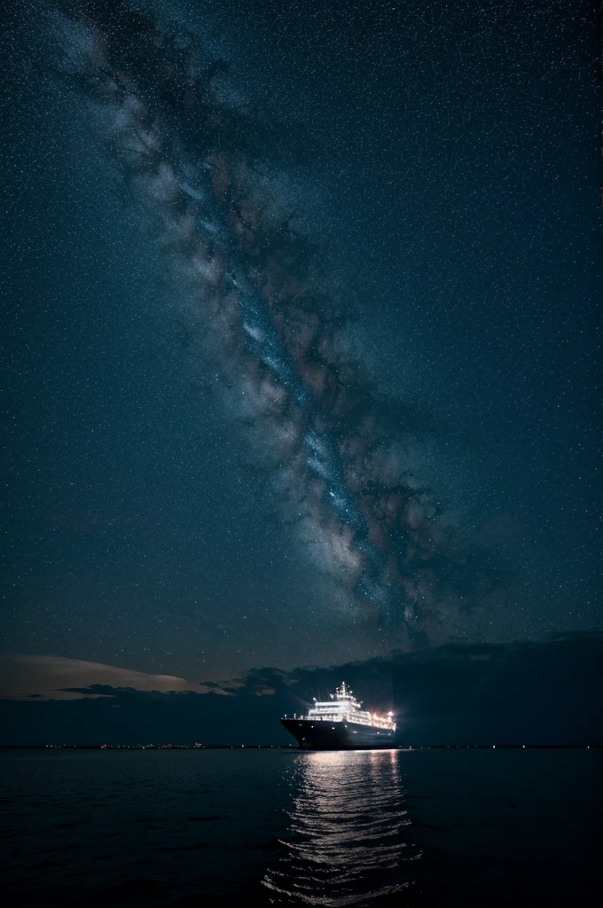 night. Ship on the water, starry sky