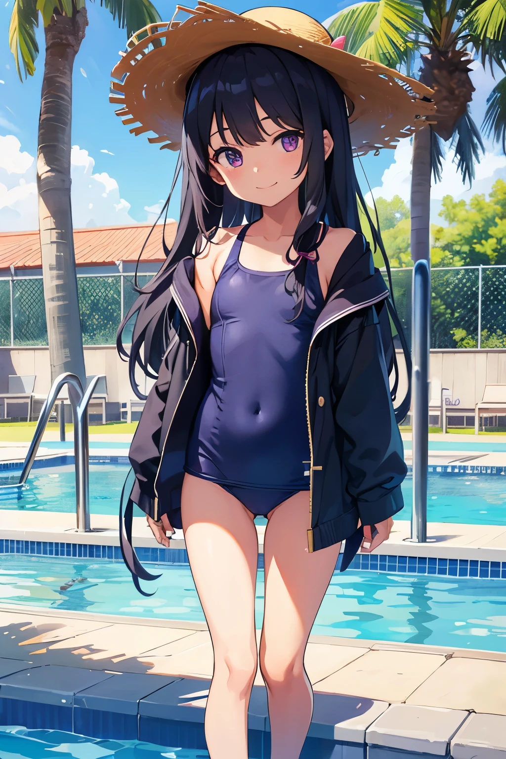 , 8 years old, flat chest,ir, long hair, purple eyes 　smile（One person）Wear a straw hat　 Summer poolside　Navy blue old school swimsuit　Wearing sandals　 Standing by the pool　Dynamic Angle　Low - Angle