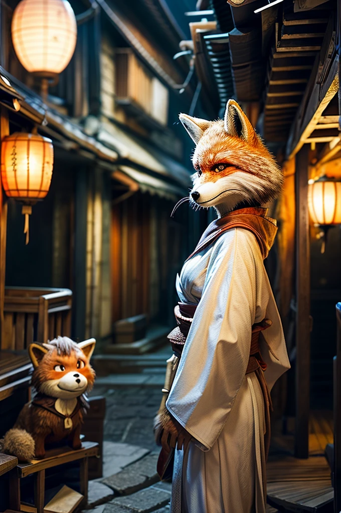 2 peopleの女性、Woman with furry face、2 people、fox mask、Fox ears、White kimono、shout、night、Japan Road、shrine、Low - Angle、Dynamic composition、Background blur
