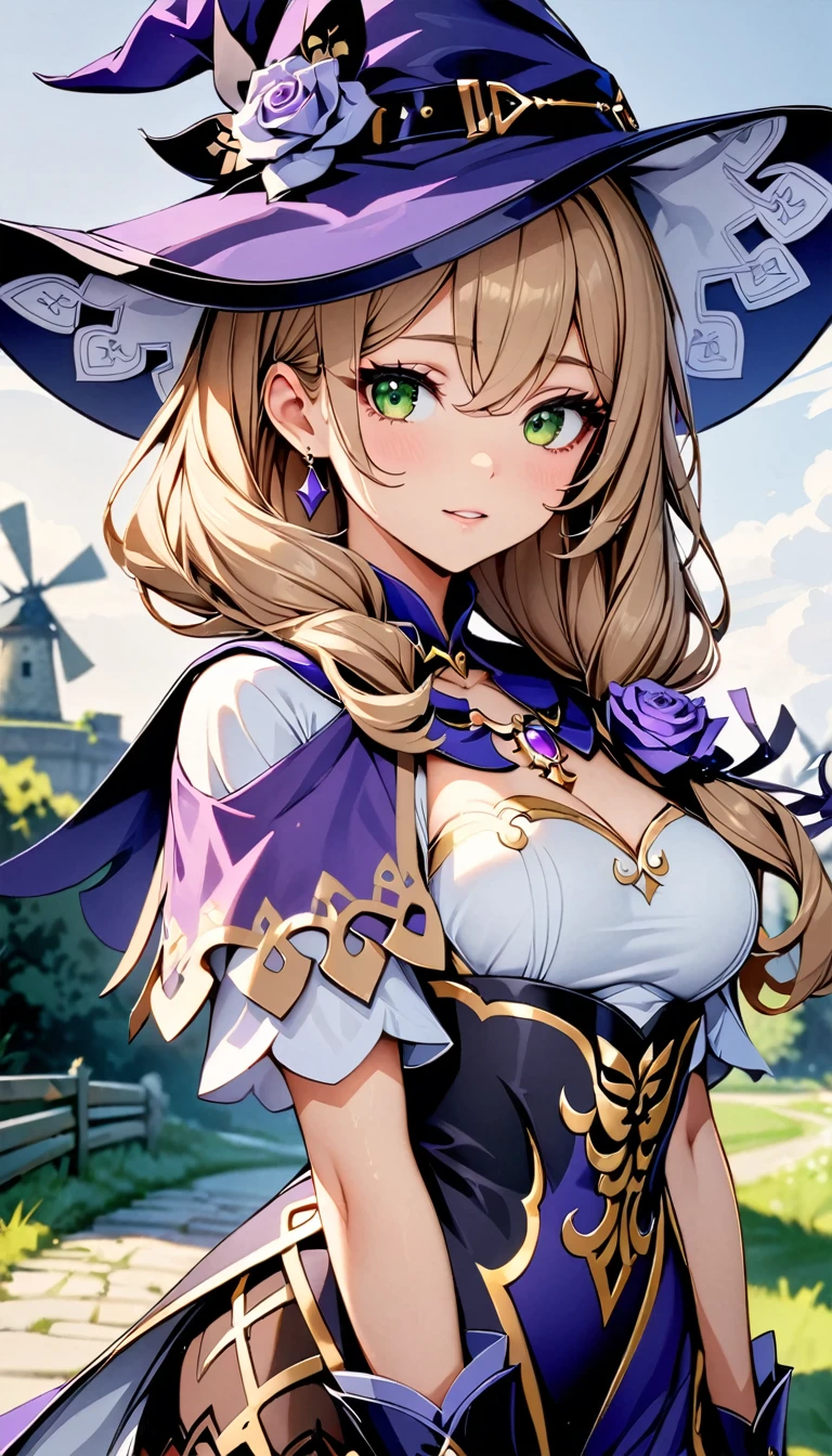 Beautiful girl, Perfect Face, Arms at your sides, masterpiece, Ultra-high resolution, high quality, 4K, Upper Body:1.5, Lisa (Genshin Impact), urple witch hat, Green Eyes, Brown Hair, bangs, dress, Rose, jewelry, witch, Capelet, Purple hat, Black gloves, Purple Flower, Hair between the eyes, purple Rose, Part your lips, purple Capelet, Hat Flower, multicolored dress, hair ornaments, windmill, From the side,