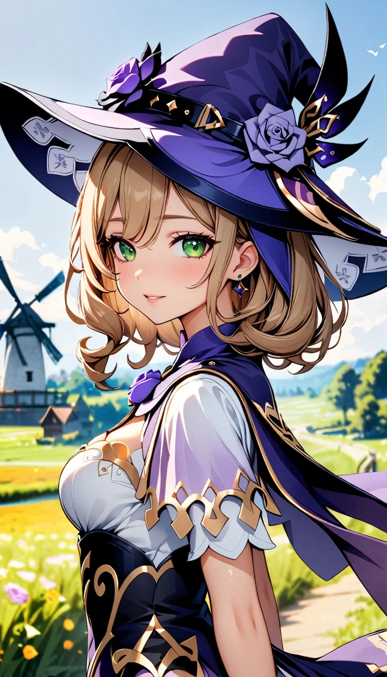 Beautiful girl, Perfect Face, Arms at your sides, masterpiece, Ultra-high resolution, high quality, 4K, Upper Body:1.5,  Lisa (Genshin Impact), urple witch hat, Green Eyes, Brown Hair,  bangs, dress, Rose, jewelry, witch, Capelet, Purple hat, Black gloves, Purple Flower, Hair between the eyes, purple Rose, Part your lips, purple Capelet, Hat Flower, multicolored dress, hair ornaments,  windmill, From the side,