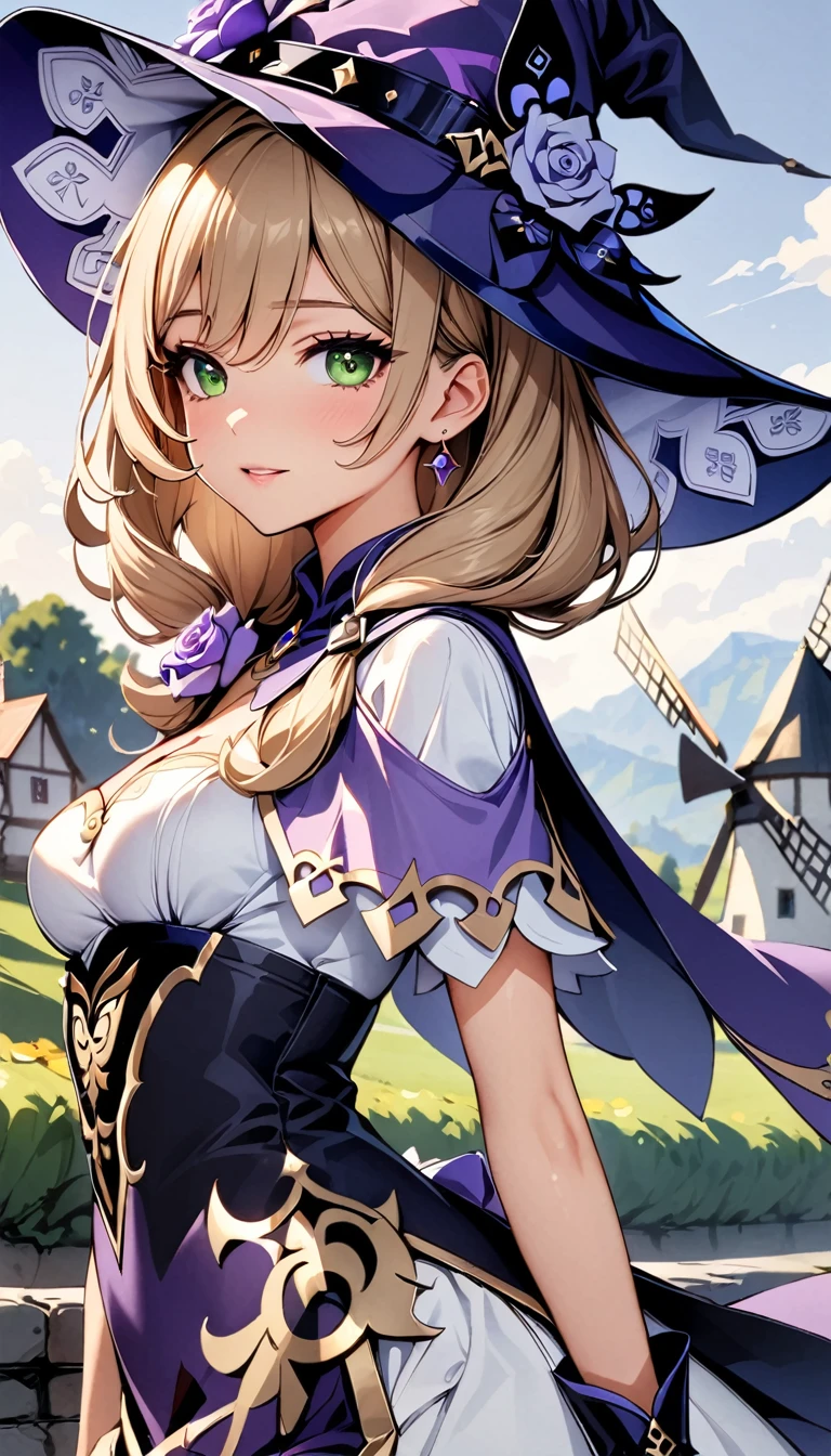 Beautiful girl, Perfect Face, Arms at your sides, masterpiece, Ultra-high resolution, high quality, 4K, Upper Body:1.5, Lisa (Genshin Impact), urple witch hat, Green Eyes, Brown Hair, bangs, dress, Rose, jewelry, witch, Capelet, Purple hat, Black gloves, Purple Flower, Hair between the eyes, purple Rose, Part your lips, purple Capelet, Hat Flower, multicolored dress, hair ornaments, windmill, From the side,