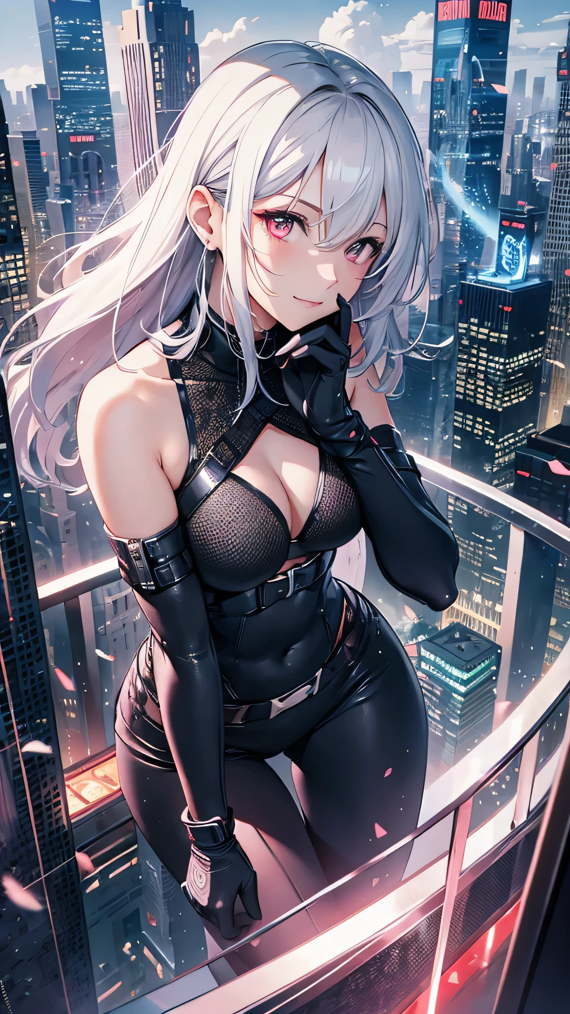 Highest quality、Highest quality、Masterpiece、girl((20-year-old、as soon as、Highest Bust、Medium Bust、Wide open chest、Red glowing eyes、Light Silver Hair、Disheveled Hair、Loincloth、thin、The best valley、Open chest、Full body view、Colorful tank top、Colorful Pants、Smile、Leaning forward greatly,Perforated gloves))、high quality、Beautiful Art、background((Bright Cities))、flight、Flying Debris、Depth of text、movie、Visual Arts、Perfect Art、8K、Genuine、