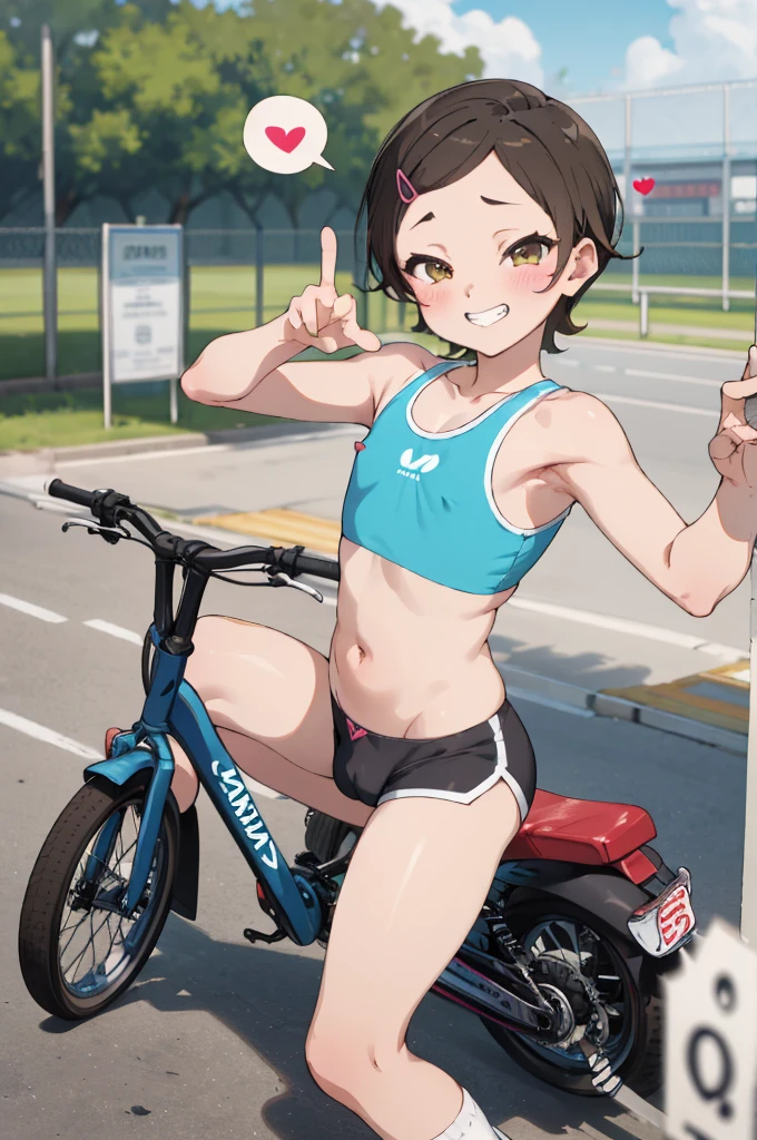 masterpiece, best quality, absurdres, 
1girl, ,, blush, ,,sports bra,bike shorts,looking viewer,,spoken heart,6yo,(petite),flat chest,,outdoor,grin,nsfw,socks,peace pose,cameltoe