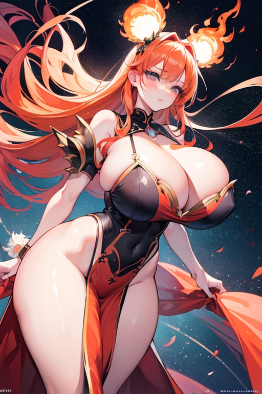 PERFECT MASTERPIECE, EXTREMELY DETAILED CG UNITY 8K UHD QUALITY RESOLUTION, RAW PHOTO, AWARD-WINNING PORTRAIT, OFFICIAL ART, HYPER-DETAILED, PHOTOREALISTIC, The most beautiful and sexy sun girl, very long orange fire hair, long detailed eyelashes, blushing, full pouting pink lips, curvy body type, full hips, super huge enormously gigantic tits, cleavage showing, gigantic tits bursting out of her dress, wearing a detailed orange fire dress, arching her back in a sexy seductive slutty pose, looking at the viewer, close up pov camera view from below, sexy seductive slutty facial expression,galaxy background, all solar system planet orbit her