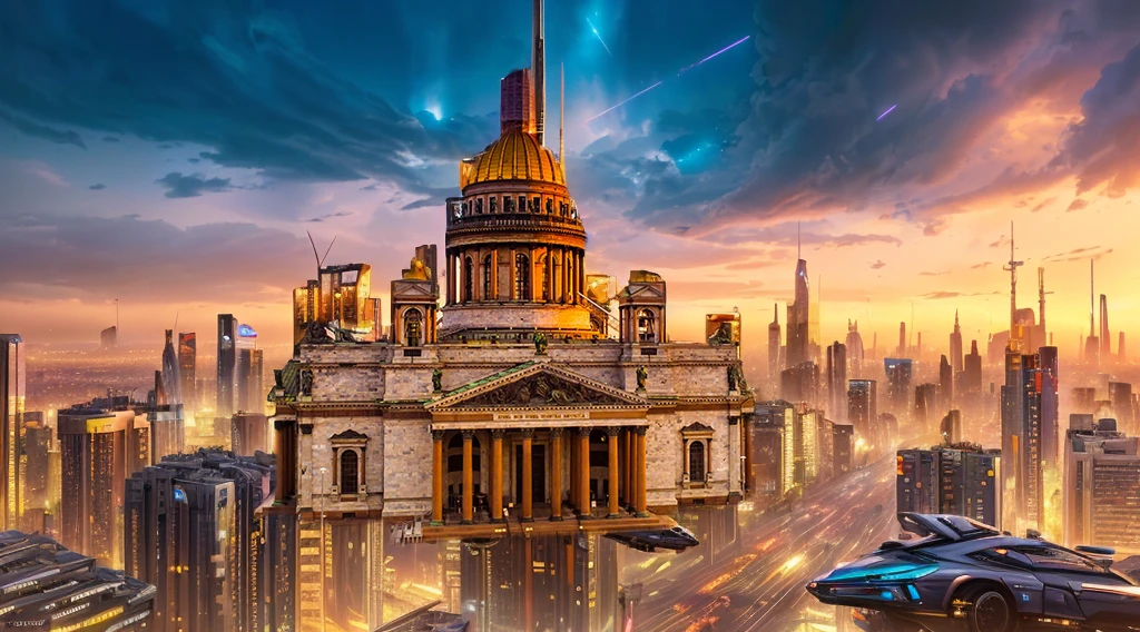 detailed cyberpunk city, futuristic architecture, flying cars, advanced technology, neon lights, rainy streets, moody atmosphere, cinematic lighting, dramatic shadows, vibrant colors, intricate details, hyper-realistic, (best quality,4k,8k,highres,masterpiece:1.2),ultra-detailed,(realistic,photorealistic,photo-realistic:1.37),concept art, cinematic composition, dystopian future, advanced transportation, advanced cityscape, science fiction, urban fantasy, flyig cars