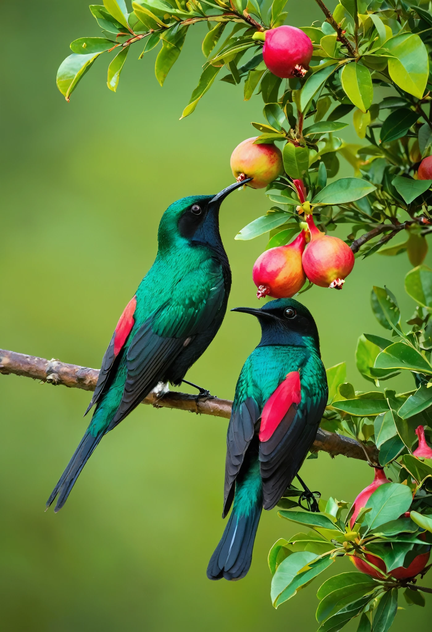 There are two sunbirds flying around the pomegranate tree, Red pomegranate flowers, Green pomegranate leaves，Green bokeh background，By Sudeep Roy, high quality Nature photosgraphy, Photos taken with Nikon D750, Photos taken with Nikon D750, Basuki Abdullah, tropical birds, author：Cold plum, Nature photos, Physical geography photography, award winning Nature photos, author：Peter Churcher System Cancelled
