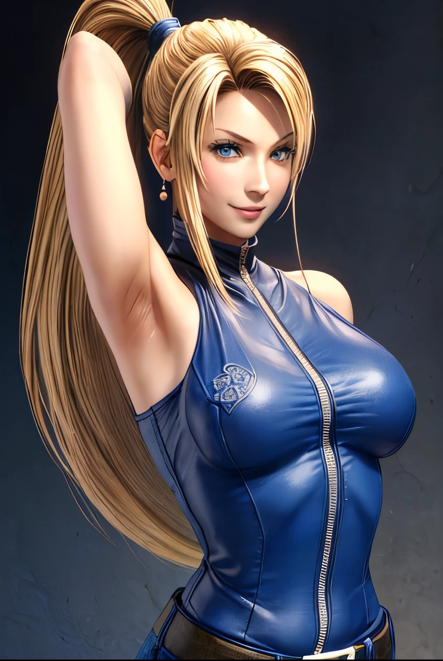 Sarah, blue eyes, American, angle view, (full bodysuit:1.1), (skinny girl:1.0), (36 inch chest:1.3), ((long ponytail:1.3)), (free flowing hair:1.4), cowboy shot, blonde hair, long hair, (long side burns:1.4), Shoulders exposed, (arms exposed:1.0), (very detailed skin:1.5), belt ,sleeveless, (closed zipper), earrings, fingerless short gloves, BREAK masterpiece, 1 girl, RAW photo, (best quality:1.2), extremely delicate beautiful, very detailed, 2k wallpaper, amazing, fine details, (medium breasts:1.3), extremely detailed CG Unity 8k wallpaper, super detailed, high resolution, (beautiful detailed girl:1.4), perfect anatomy, wide cheeks, (shiny clothes:1.1), (smile:1.2), (upper body:1.3), (Realistic, Photorealistic:1.0), (thin nose:1.2), (breast focus:1.3), 20 year old, high nose bridge, (blue clothes:1.2), fighting pose, fighting arena, armpit against wall, wide face, (wide smile:1.3), closed mouth
