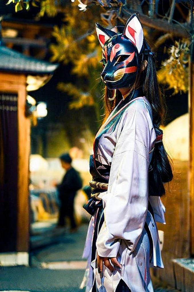 2 peopleの女性、Woman with furry face、2 people、fox mask、Fox ears、White kimono、shout、night、Japan Road、shrine、Low - Angle、Dynamic composition、Background blur
