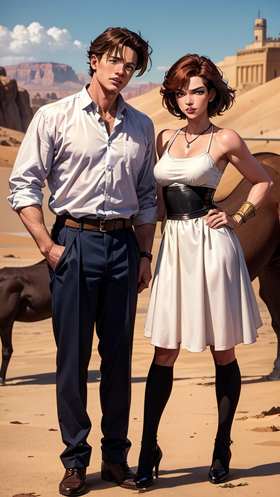 they are posing for a photo in the desert with a horse, Brendan Fraser, Marco Schultz, 90s romantic movie, still promotional, The Mummy, panoramic photo, braggart and romantic, 1995 movie, digitally remastered, film still promotional, Milla Jovovich, Season 3 ( 1 9 9 7 ), Titanic, Atores, Jack