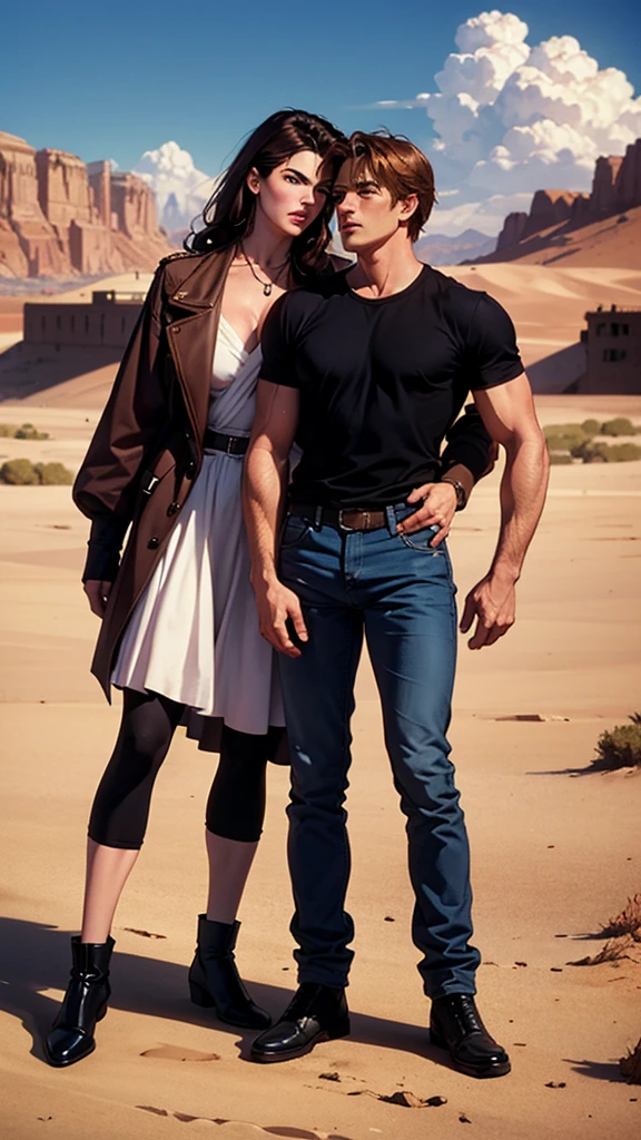 they are posing for a photo in the desert with a horse, Brendan Fraser, Marco Schultz, 90s romantic movie, still promotional, The Mummy, panoramic photo, braggart and romantic, 1995 movie, digitally remastered, film still promotional, Milla Jovovich, Season 3 ( 1 9 9 7 ), Titanic, Atores, Jack