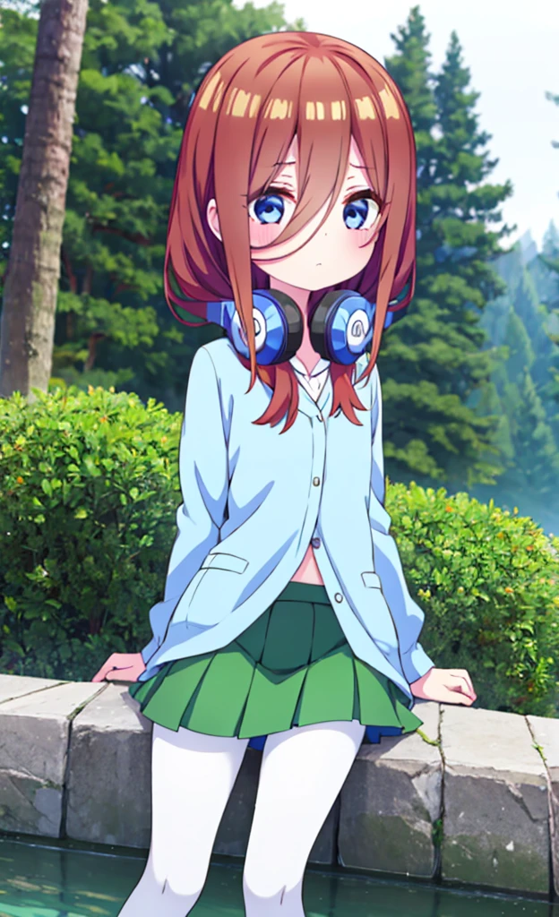 masterpiece,Highest quality,1 Girl,alone,Pokémon-like art style,(bold:1.6),(flat:1.5), miku nakano, Long Hair, bangs, blue eyes, Brown Hair, shirt, Hair between the eyes, Headphones, Headphones AROUND NECK,
skirt, shirt, Long sleeve, WHITE shirt, Black Pantyhose, PLEATED skirt, Black Pantyhose, cardigan, GREEN skirt, BLUE cardigan, whole body, 