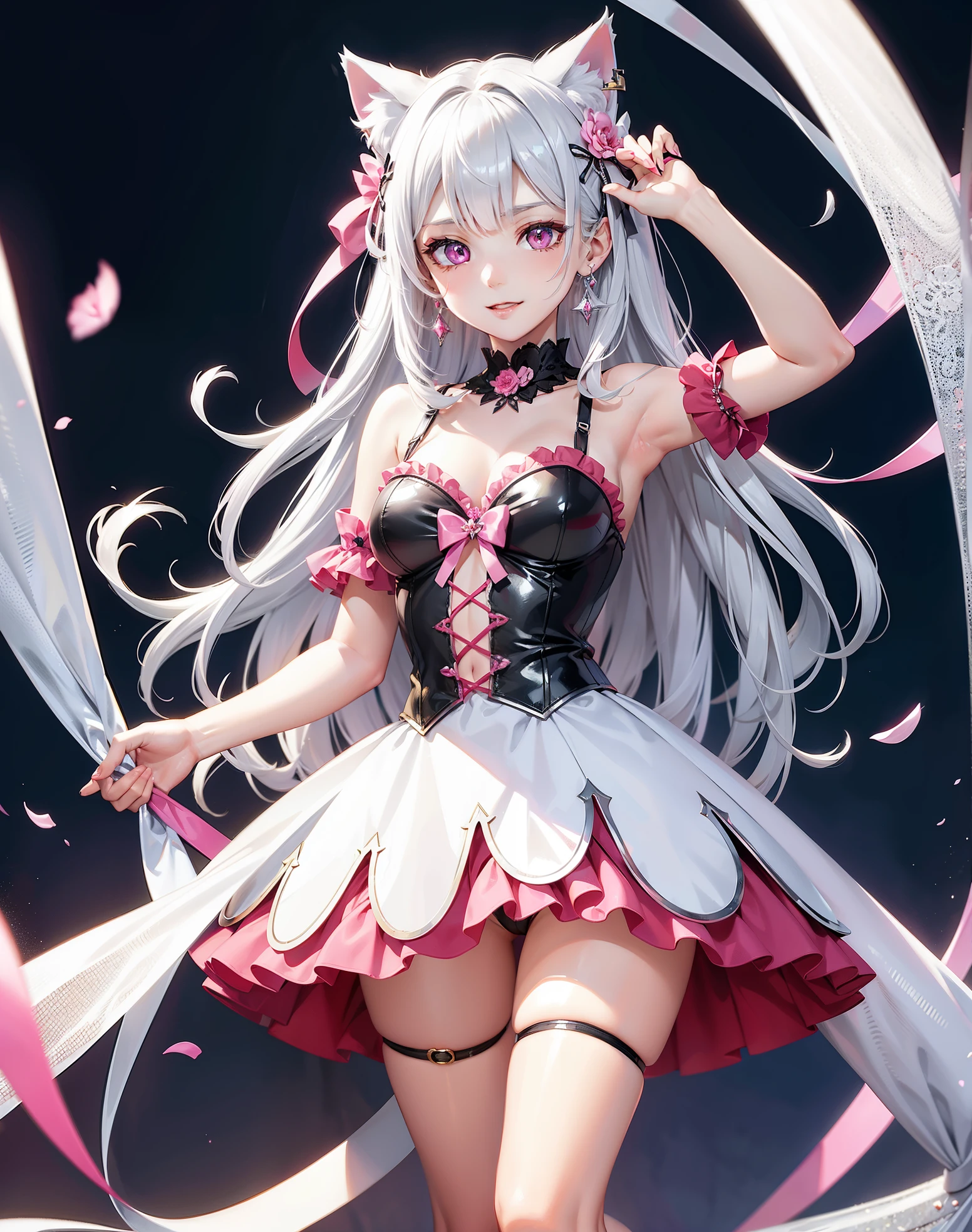 Silver hair, pink eyes, body, cat ears, sexy girl, earrings, flower background fantasy, princess, godly, hair bows, happy face, red uniform 