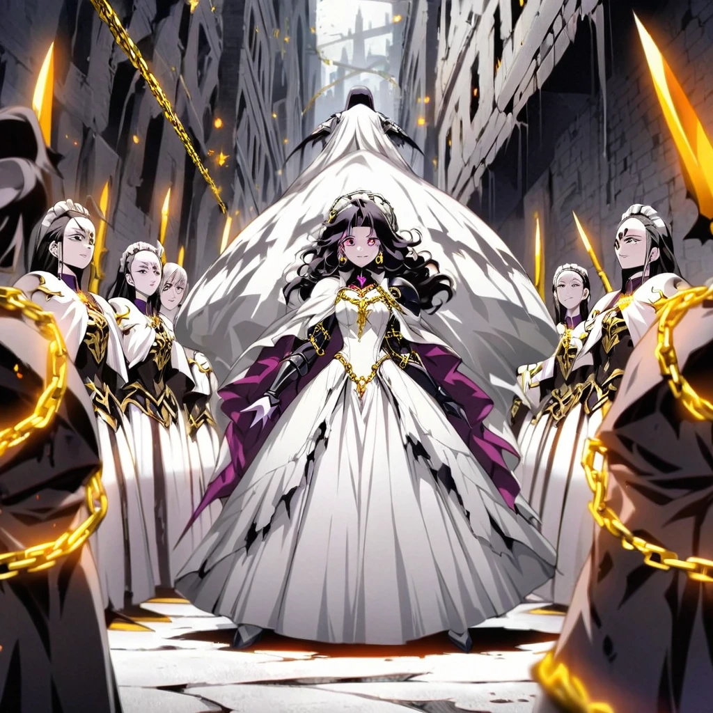 dark persona, grin, standing on pedestal, white leg armor, talking, knight, wavy hair, medium hair, Leading a ritual, dark purple eyes, audience, forehead jewel, white wing headdress, gripping spear in hand, shoulder armor, 1 female, armor, white cape, runes, evil woman Executive, white dress, Ruined city, gold decoration, black hair, moonlight, earrings, chains, yin yang, long skirt, beautiful art, depth of field, high res, perfect face, detailed outfit