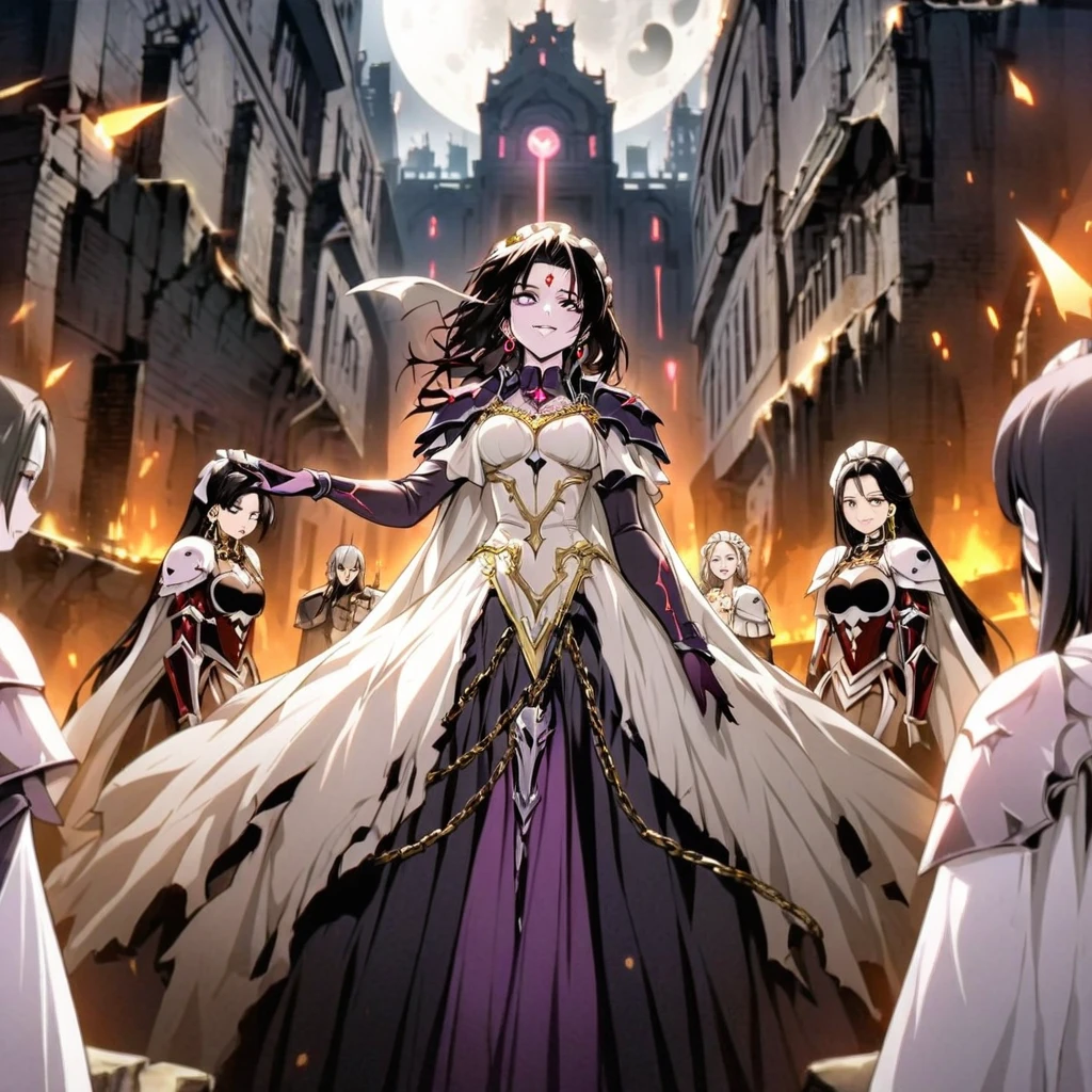dark persona, grin, standing on pedestal, white leg armor, talking, knight, wavy hair, medium hair, Leading a ritual, dark purple eyes, audience, forehead jewel, white wing headdress, gripping spear in hand, shoulder armor, 1 female, armor, white cape, runes, evil woman Executive, white dress, Ruined city, gold decoration, black hair, moonlight, earrings, chains, yin yang, long skirt, beautiful art, depth of field, high res, perfect face, detailed outfit