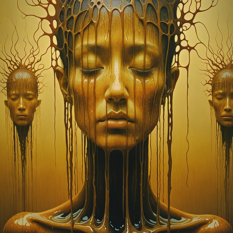 Abstract surreal photography, (zdzislaw beksinski), Glossy liquid photography with melted film strip effects, back-illuminated, (details Intricate, hyperdetailed:1.15) (texture skin:1.2)