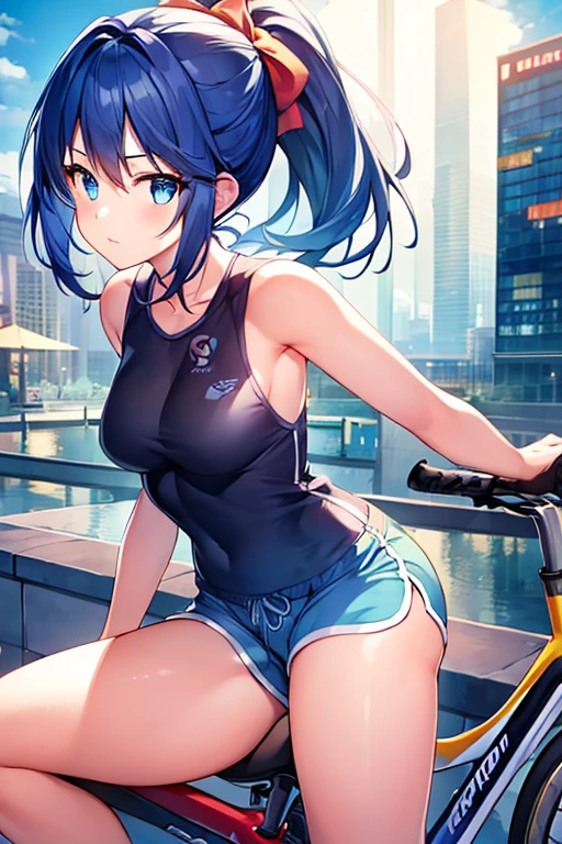 a girl sitting on top of bicycle, dolphin shorts, blue hair, ponytail, in electronic luminescence city
