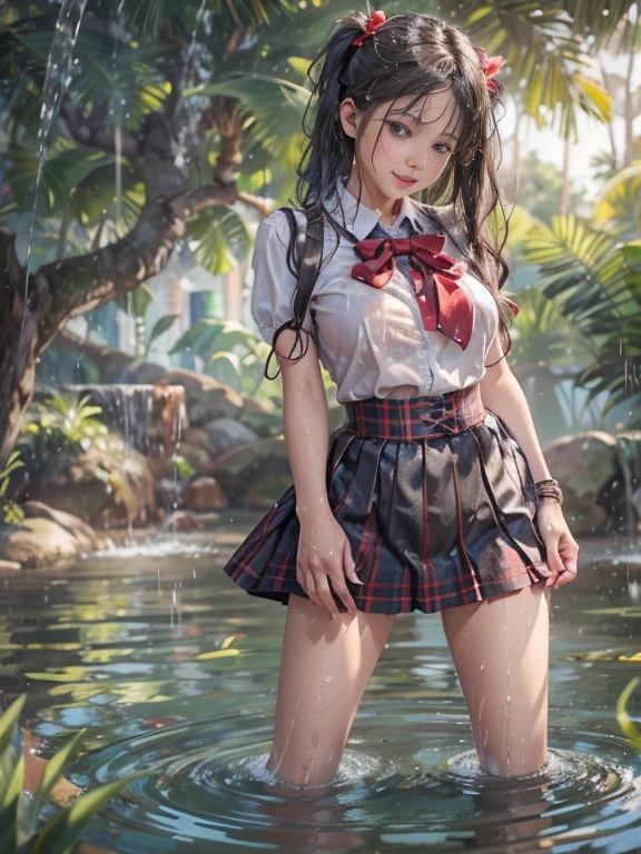 Woman in playing with water in backyard , bright sunshine, summery palette, playful, gentle smile , dripping wet, beautiful realistic photo, hyperrealistic fantasy photo, close up, narrow depth of field, 8k, ((drenched)), ((soaked)), (dripping water), dripping oil, soaked in oil , lawn, wet all over, wet dripping hair, varied poses, in a pond , skirt dark red , plaid skirt , pleated skirt , Tight shirt , white Shirt , school girl , red knot , red bow , school , skirt is adjacent to the chest , big breasts , big tits , twin tails hair