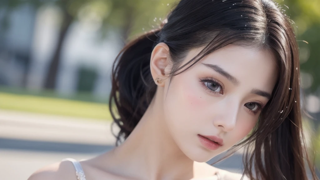 (Great picture), Top quality, 8K resolution, Beautiful girl, Perfect figure, ((Beautiful detailed face)), Dark hair (ponytail), Delicate makeup, Glossy lips, Long eyelashes,Bright big eyes, Eye shadow, , Cute girl, Master craftsmanship, High detail, Colorful pictures, Light and shadow detail, Very delicate beautiful girl, Supple white skin, Delicate facial features, Stunningly beautiful, Extreme detail Colorful photo, light and shadow details, very delicate beautiful girl, supple white skin, delicate facial features, perfect face, stunningly beautiful, extreme details, realistic details, on the street, running, lots of sweat (water drops) on the face.