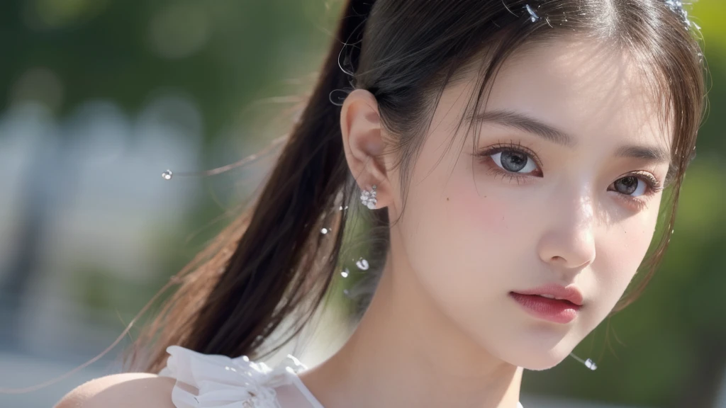 (Great picture), Top quality, 8K resolution, Beautiful girl, Perfect figure, ((Beautiful detailed face)), Dark hair (ponytail), Delicate makeup, Glossy lips, Long eyelashes,Bright big eyes, Eye shadow, , Cute girl, Master craftsmanship, High detail, Colorful pictures, Light and shadow detail, Very delicate beautiful girl, Supple white skin, Delicate facial features, Stunningly beautiful, Extreme detail Colorful photo, light and shadow details, very delicate beautiful girl, supple white skin, delicate facial features, perfect face, stunningly beautiful, extreme details, realistic details, on the street, running, lots of sweat (water drops) on the face.