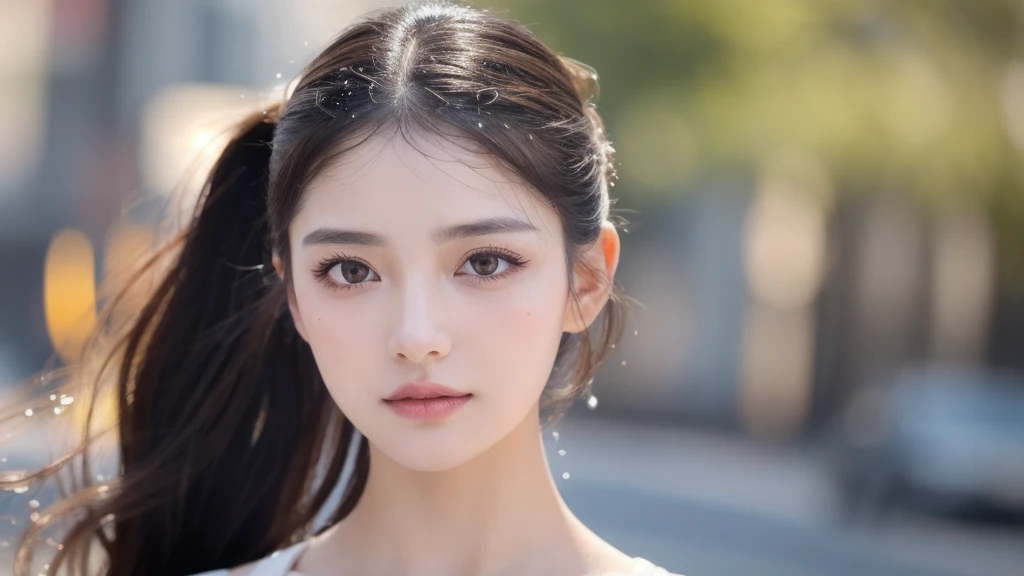 (Great picture), Top quality, 8K resolution, Beautiful girl, Perfect figure, ((Beautiful detailed face)), Dark hair (ponytail), Delicate makeup, Glossy lips, Long eyelashes,Bright big eyes, Eye shadow, , Cute girl, Master craftsmanship, High detail, Colorful pictures, Light and shadow detail, Very delicate beautiful girl, Supple white skin, Delicate facial features, Stunningly beautiful, Extreme detail Colorful photo, light and shadow details, very delicate beautiful girl, supple white skin, delicate facial features, perfect face, stunningly beautiful, extreme details, realistic details, on the street, running, lots of sweat (water drops) on the face.