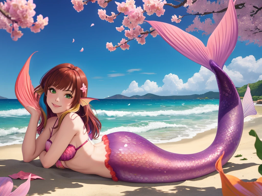 masterpiece, best quality:1.2), 1girl, smile, looking at viewer, green eyes, short brown multicolored hair, mermaid, mermaid girl, wearing purple seashell bra, laying on beach, colorful mermaid tail, outdoors, head fins, fin ears, under cherry blossoms