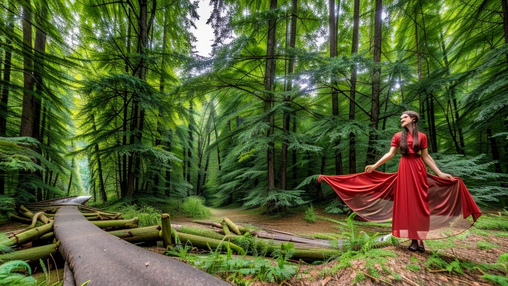 12K, HDR, BEST IMAGE, REALISTIC, FOREST, GREEN, RIVER, A BEAUTIFUL YOUNG GIRL, 30 YEARS OLD, RED BROWN HAIR, LONG STRAIGHT, , RED LATEX SKIRT, , BLOUSE , LARGE PHOTO OF HER, STANDING, BLUE EYES THE COLOR OF THE SKY, BLUE ROUND PORTAL, TO ANOTHER WORLD, MYSTERIES OF DEEP NATURE COLUMN OF WHITE IVORY WITH GOLD...