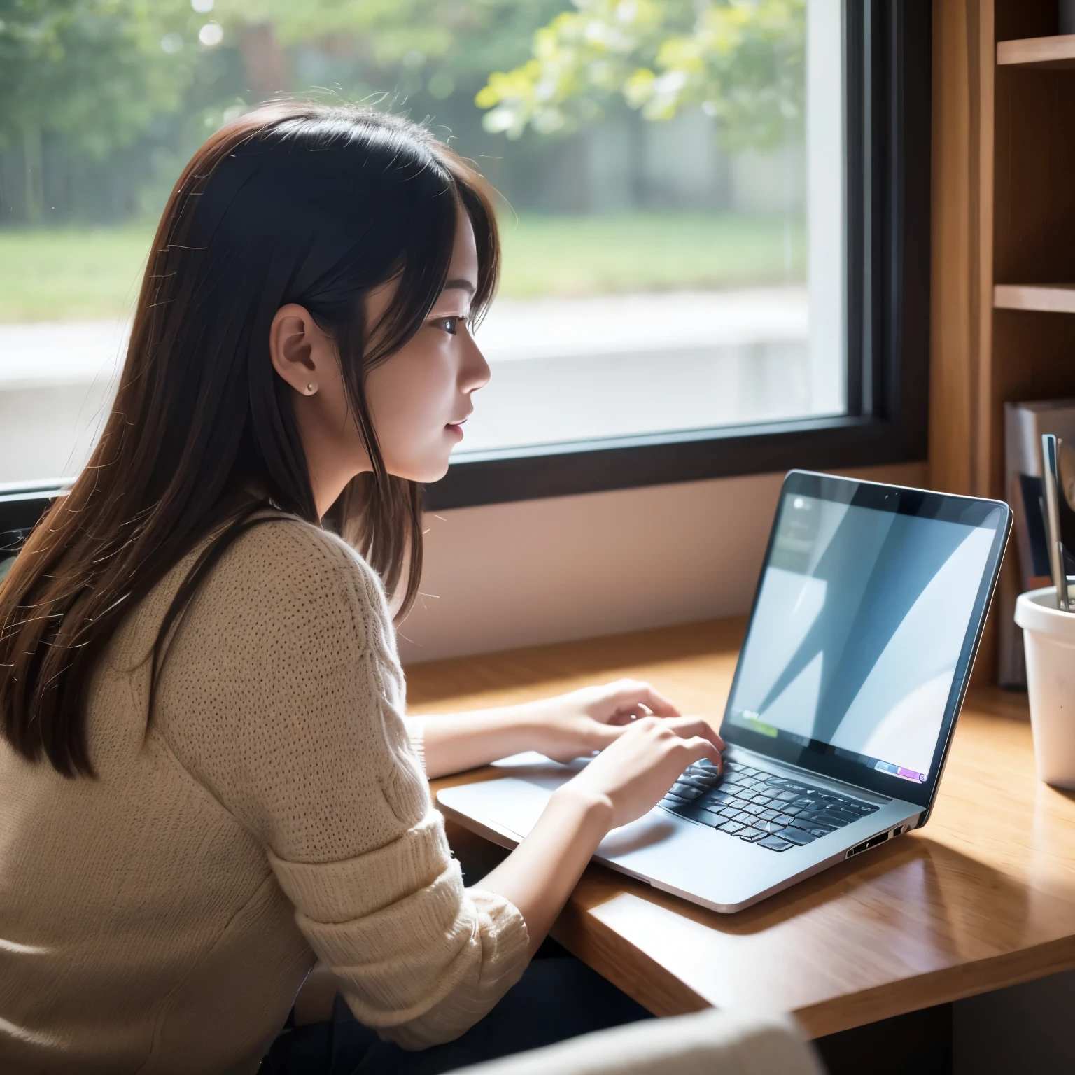 Female college student using a laptop