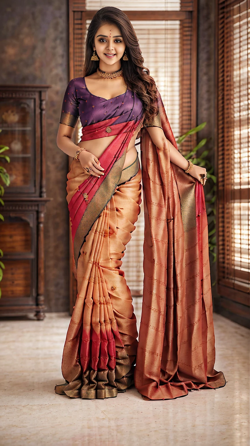 (photo of a beautiful 20 year old girl, beautiful and charming with contemporary fashion drawings as well),  
((((Full body shot:1.5)))), (full body in picture), (full body photo Close-up photo of the shin), (Indian babe), (attention standing position), (looking at viewers, front view shot, from_fronts),
best quality, movie studio lighting, illustration at Very detailed, ultra high resolution, depth of field, caustic, wide exposure, natural shading,  masterpiece, hyper realistic, hyper detailed, photorealists, 8K, HDR, High resolution, 1girl, Blurry background, (Bokeh:1.2), RAW photo, complicated details, extremely detailed, candid picture, candid shots, extreme detailed, colorful, highest detailed, (iconic picture shot, perfect brightness, perfect contrast, perfect colour), 
hair in one eye, purple eyes, Golden blonde hair, bob, side bangs, sharp eyeliner, blush eyeshadow with thick eyelashes, lip gloss  very delicate and beautiful, round chin, round earrings, sharp eyes, letter choker, diamond necklace, (symmetrical eyes), (perfectly symmetrical body),
(pretty face, iconic face), detailed face, detailed eye, detailed lips, detailed neck, ultra realistic face, ultra realistic eye, ultra realistic lips, attractive hair style, detailed hair style, (perky breasts, perfect rounded breasts, attractive breasts, perfect symmetrical breasts), (attractive body figure, perfect body figure, perfect figure, curvy_figure), flat stomach, skin_tight, (thin), smile,
((beautiful High heels, fancy high heels)), 
(beautiful girl in Indian outfits), 
((Fancy saree, saree professionalist, realistic saree, tailor perfection saree, masterpiece saree, fancy saree, beautiful flared saree, saree pleated)),,, ,