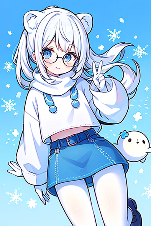 White polar bear girl, long white ponytail, white hair, cool but friendly, lightblue, sky blue, snow and ice,  northpole, winter, igloo, snowman background, snowflake, wear blue glasses, peace hand gesture, Blue sweater, winter outfit, white gloves, blue pants, light blue eyes, polarbear tail, lightblue scarf around the neck, white belt, smiling.