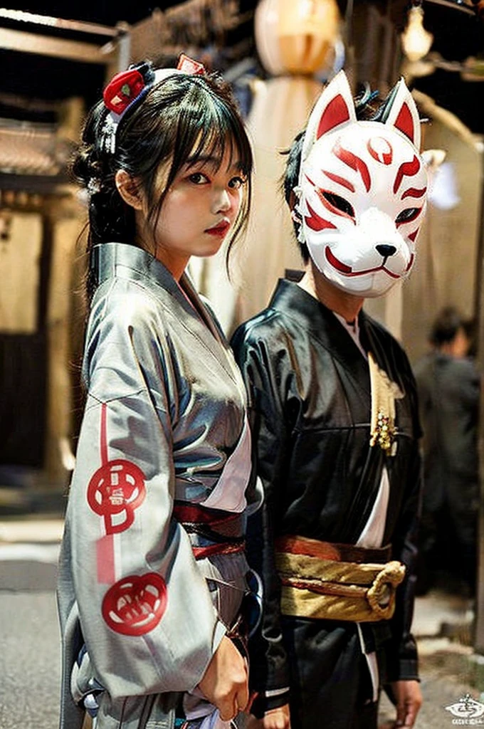 2 peopleの女性、Woman with furry face、2 people、fox mask、Fox ears、White kimono、shout、night、Japan Road、shrine、Low - Angle、Dynamic composition、Background blur