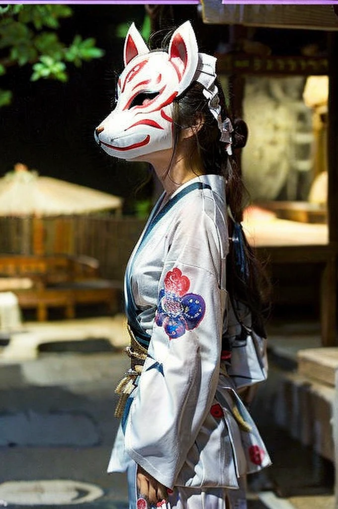 2 peopleの女性、Woman with furry face、2 people、fox mask、Fox ears、White kimono、shout、night、Japan Road、shrine、Low - Angle、Dynamic composition、Background blur