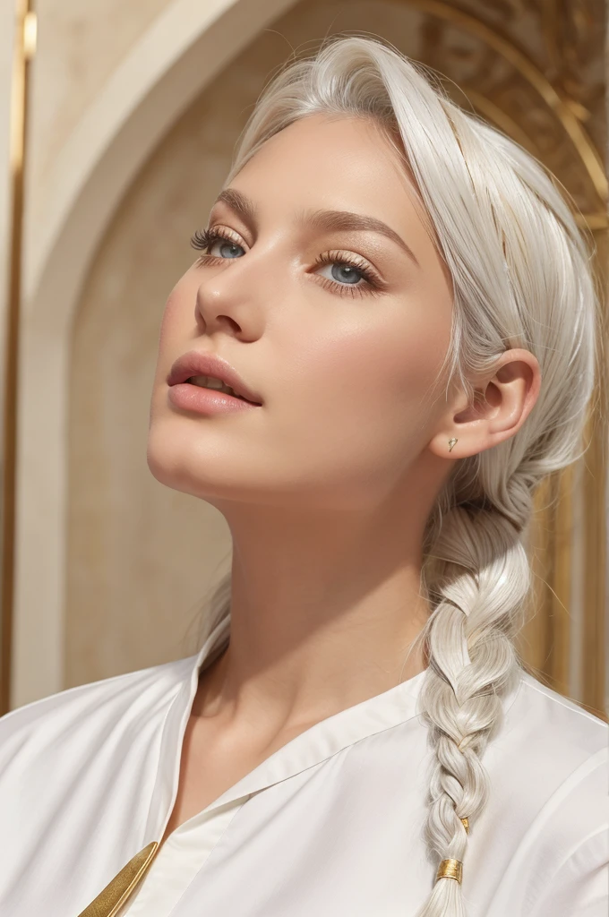 best quality, masterpiece,white hair, gold eyes,white clothes, looking up, upper body,hair strand,Fair skin,side braids