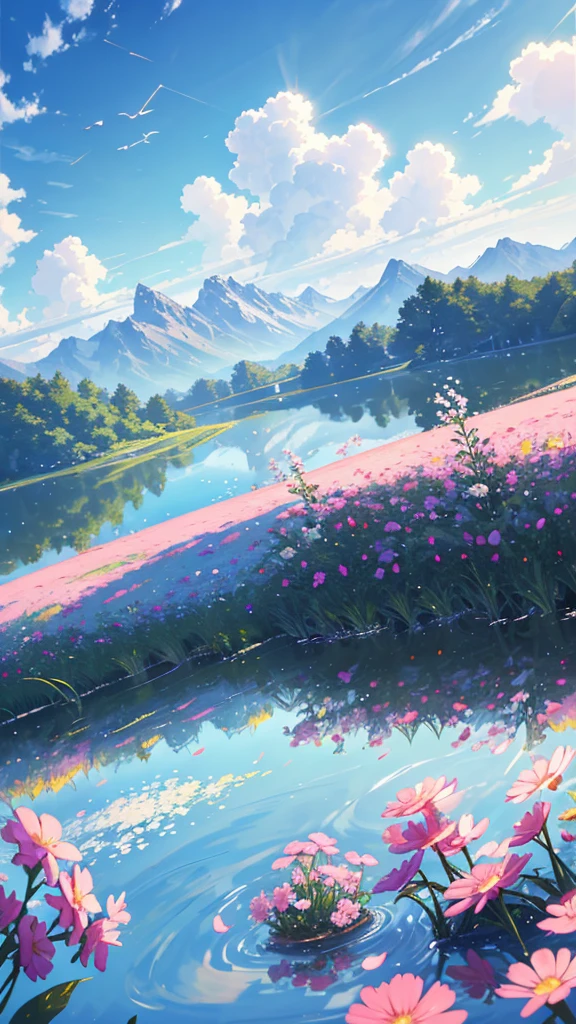 summer, grassland, Some small flowers, Clear lake, Heaven, Big Cloud, Blue sky, Hot weather, High-resolution details, Ultra Detail, Movie, Surrealism, Soft Light, Deep field focus bokeh, The vista is snow-capped mountains, ray tracing and Surrealism. --v6