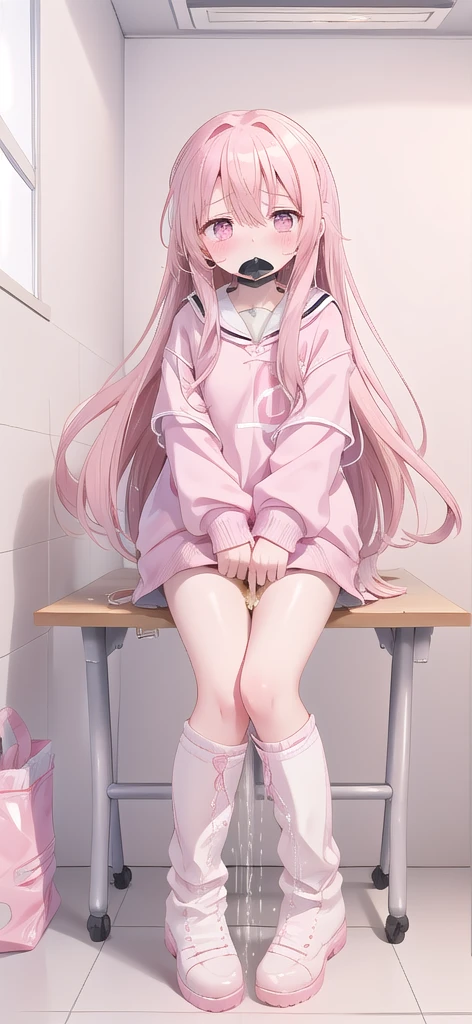 Pink long hair,Pink and white sweatshirt,Pink Eyes,Black headphones,White boots,blush shy,Leaking urine(1.2)classroom scene,eternal, cry, , Tears flow from the eyes, The embarrassment comes from, blush), (Girl is peeing: 1.2),, Look away, sit, Awkward, blush, Mouth slightly open, classroom (Girl Leaking urine): 1.5)