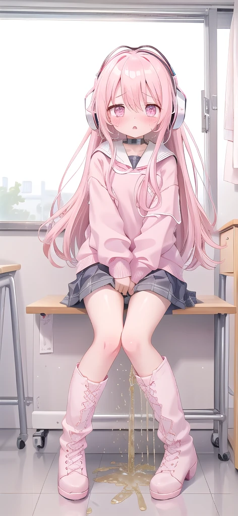 Pink long hair，Pink and white sweatshirt，Pink Eyes，Black headphones，White boots，blush shy，Leaking urine（1.2）classroom scene，eternal, cry, , Tears flow from the eyes, The embarrassment comes from, blush), (Girl is peeing: 1.2),, Look away, sit, Awkward, blush, Mouth slightly open, classroom (Girl Leaking urine): 1.5)