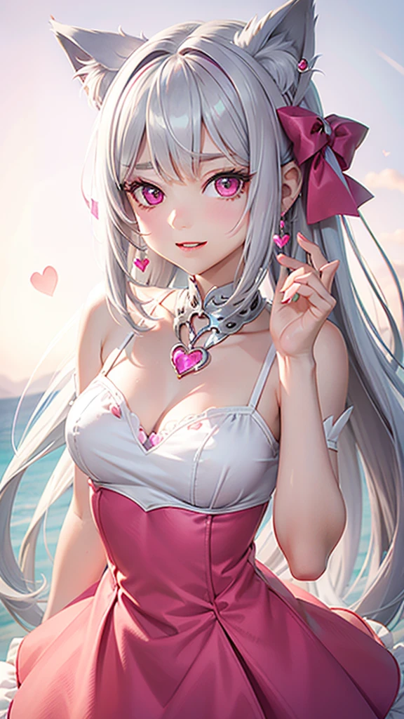 Silver hair, pink eyes, body, cat ears, girl, earrings, heart background fantasy, princess, godly, hair bows, happy face, red dress