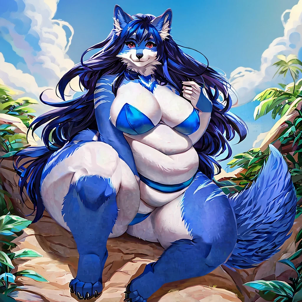 Wolf, female, long hair, morbidly onese,fat arms, fat legs, belly rolls,blue fur,blue stripes,fluffy tail