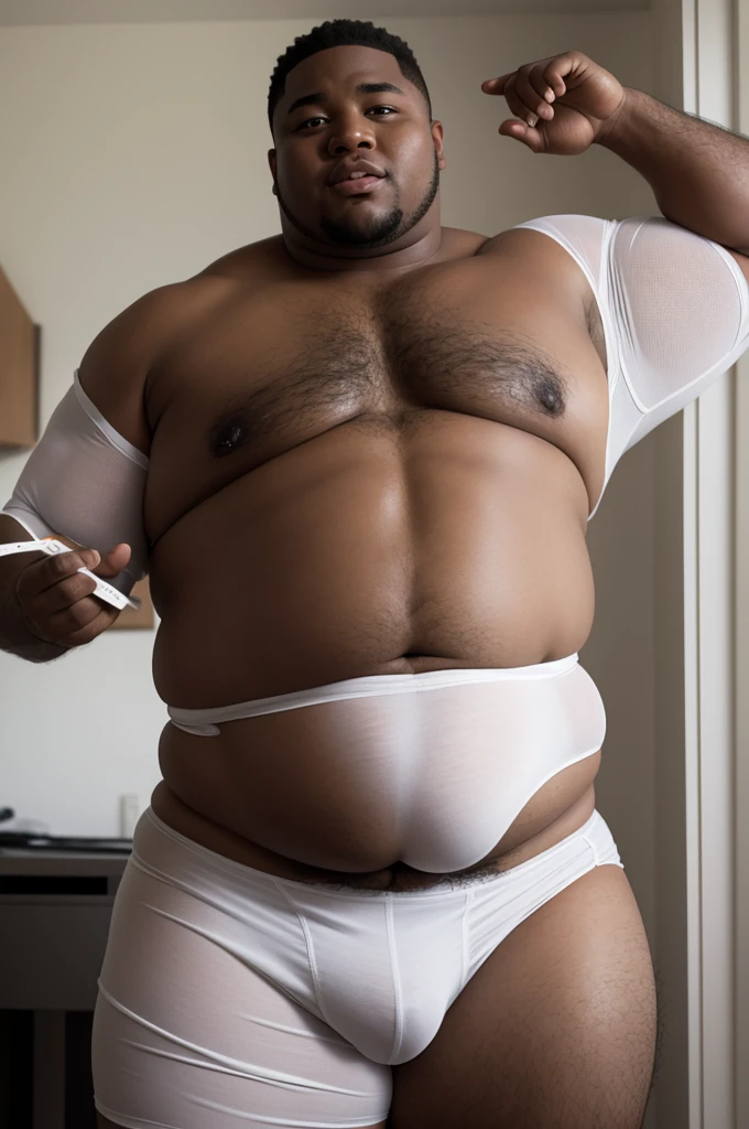 Fat black man in white underwear