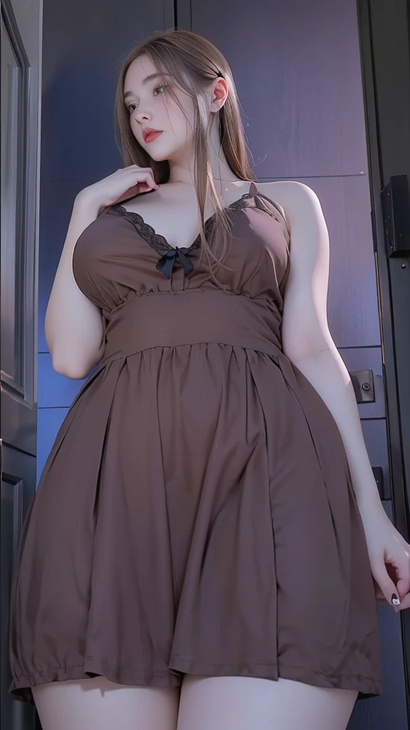 girl in a short dress standing in a doorway,
