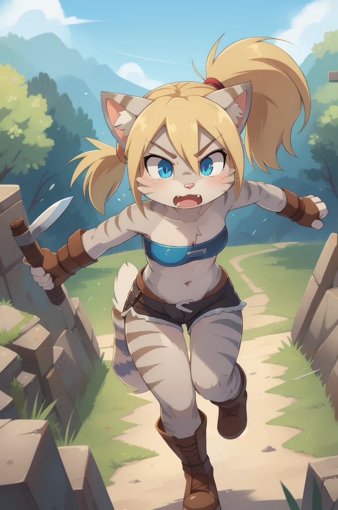 score_9,score_8_up,score_7_up, source_cartoon, source_furry, Kat, Anthro furry feline girl, tall body, hourglass figure, adult female, blue eyes, :3, snout, pink nose, silver furry body, grey tabby cat stripes, long blonde hair, hair in a ponytail, ((wearing blue bandeau, brown short shorts, brown boots, leather straps accessories)), holding two knives, Naruto running, running towards viewer, angry expression, glowing blue eyes, outdoors, from above, dynamic action shot, speed lines, motion blur, hands behind back, Birds Eye view