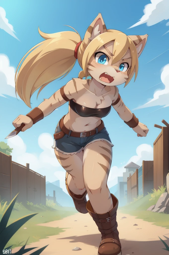 score_9,score_8_up,score_7_up, source_cartoon, source_furry, Kat, Anthro furry feline girl, tall body, hourglass figure, adult female, blue eyes, :3, snout, pink nose, silver furry body, grey tabby cat stripes, long blonde hair, hair in a ponytail, ((wearing blue bandeau, brown short shorts, brown boots, leather straps accessories)), holding two knives, Naruto running, running towards viewer, angry expression, glowing blue eyes, outdoors, from above, dynamic action shot, speed lines, motion blur, hands behind back, Birds Eye view
