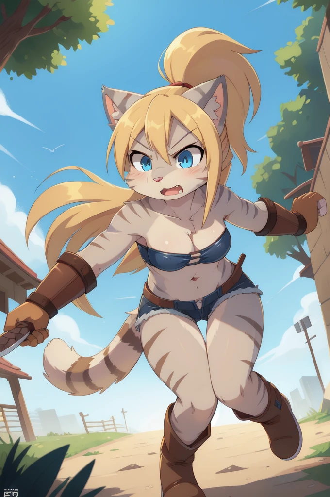 score_9,score_8_up,score_7_up, source_cartoon, source_furry, Kat, Anthro furry feline girl, tall body, hourglass figure, adult female, blue eyes, :3, snout, pink nose, silver furry body, grey tabby cat stripes, long blonde hair, hair in a ponytail, ((wearing blue bandeau, brown short shorts, brown boots, leather straps accessories)), holding two knives, Naruto running, running towards viewer, angry expression, glowing blue eyes, outdoors, from above, dynamic action shot, speed lines, motion blur, hands behind back, Birds Eye view