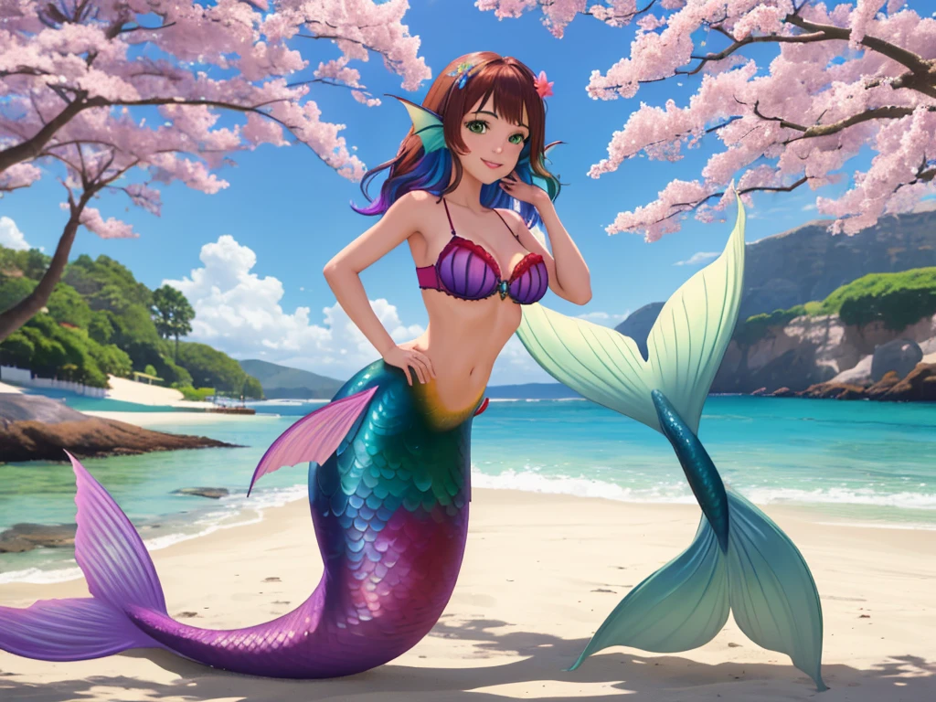 masterpiece, best quality:1.2), 1girl, smile, looking at viewer, green eyes, short brown multicolored hair, mermaid, mermaid girl, wearing purple seashell bra, laying on beach, colorful mermaid tail, outdoors, head fins, fin ears, under cherry blossoms
