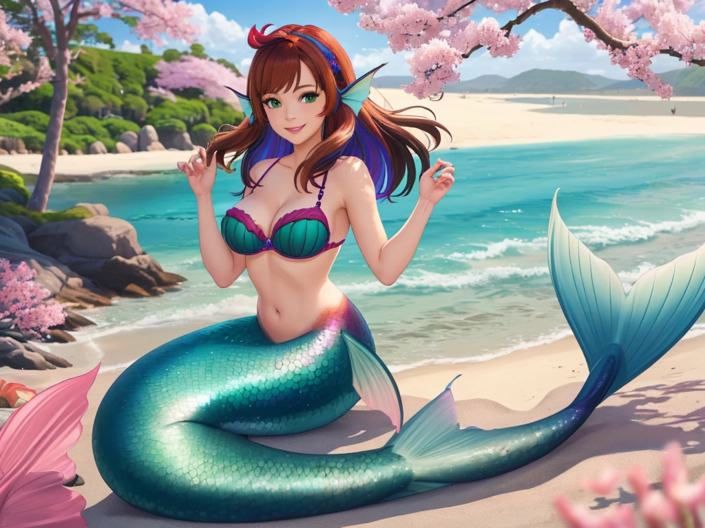 masterpiece, best quality:1.2), 1girl, smile, looking at viewer, green eyes, short brown multicolored hair, mermaid, mermaid girl, wearing purple seashell bra, laying on beach, colorful mermaid tail, outdoors, head fins, fin ears, under cherry blossoms