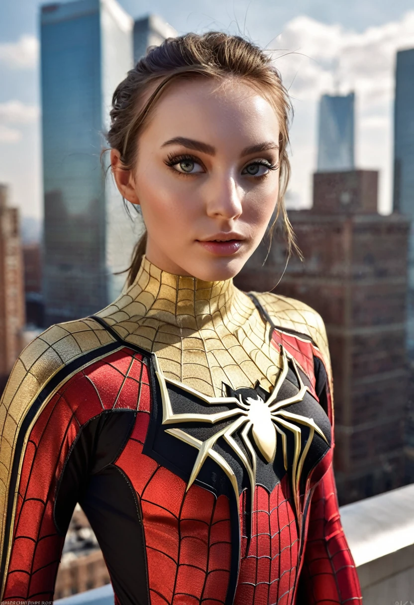 (1girl: 1.3)a beautiful woman, dressed in the golden spiderman costume, (((Very detailed face)))), ((Very detailed eyes and face)))), Beautiful detailed eyes, Body parts__, Official art , Unified 8k wallpaper, Super detailed , beautiful and beautiful, beautiful, masterpiece, best quality, original, masterpiece, super fine photo, best quality, super high resolution, realistic realism, sunlight, full body portrait, incredible beauty, dynamic pose, delicate face , vibrant eyes, (from the front), She wears Spider-Man suit, red and black color scheme, spider, very detailed city roof background, roof, overlooking the city, detailed face, detailed complex busy background, messy, beautiful, milky white, highly detailed skin, realistic skin details, visible pores, clear focus, volumetric haze, 8k uhd, DSLR, high quality, film grain, clear skin, photo realism, lomography, futuristic dystopian megalopolis, translucent