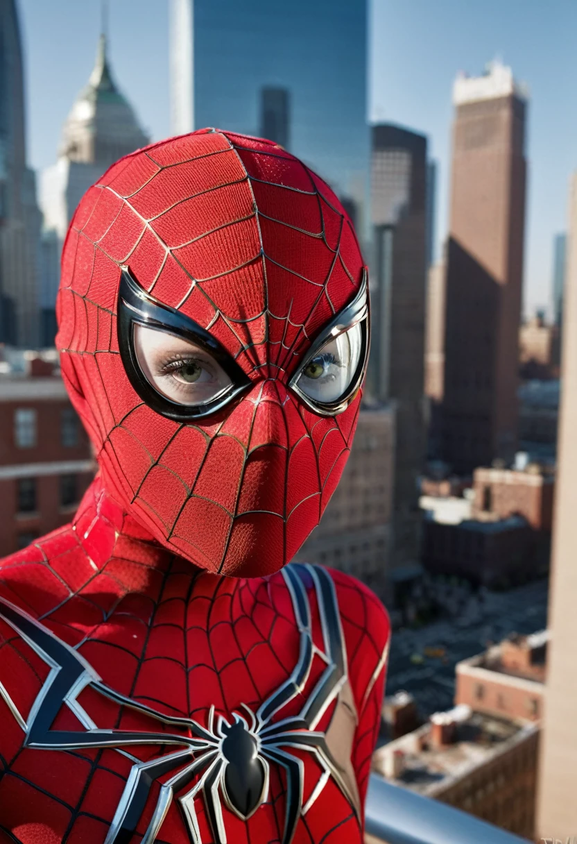 (1girl: 1.3)a beautiful woman, dressed in the golden spiderman costume, (((Very detailed face)))), ((Very detailed eyes and face)))), Beautiful detailed eyes, Body parts__, Official art , Unified 8k wallpaper, Super detailed , beautiful and beautiful, beautiful, masterpiece, best quality, original, masterpiece, super fine photo, best quality, super high resolution, realistic realism, sunlight, full body portrait, incredible beauty, dynamic pose, delicate face , vibrant eyes, (from the front), She wears Spider-Man suit, red and black color scheme, spider, very detailed city roof background, roof, overlooking the city, detailed face, detailed complex busy background, messy, beautiful, milky white, highly detailed skin, realistic skin details, visible pores, clear focus, volumetric haze, 8k uhd, DSLR, high quality, film grain, clear skin, photo realism, lomography, futuristic dystopian megalopolis, translucent