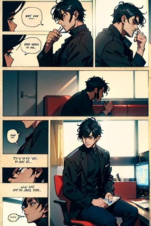  Guy with short black hair smoking, manga page with panels and dialogue    