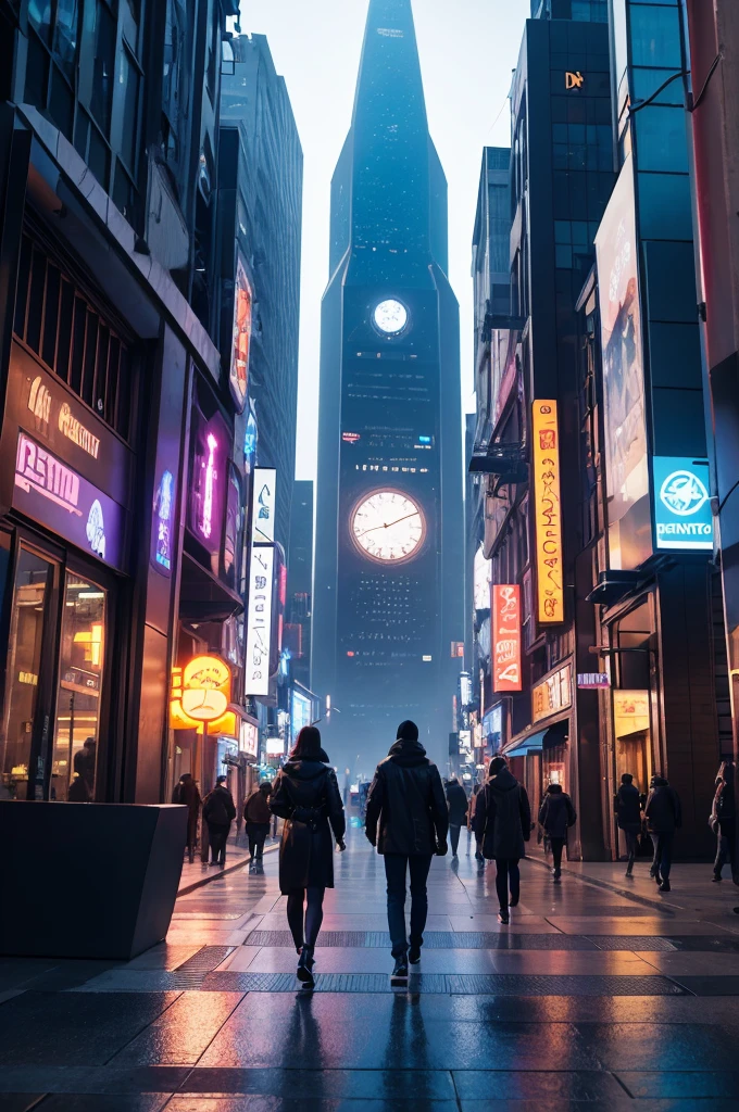 People walking through the city at night with a large clock tower in the background々, In a futuristic cyberpunk city, Futuristic cyberpunk scenario, Highly praised Earth Station and Beeple, Fantasy sci-fi city, sci-fi cyberpunk city street, Bustling Cyberpunk City, 3D rendering beeple, cinematic beeple, cyberpunk city street, Beeple Style